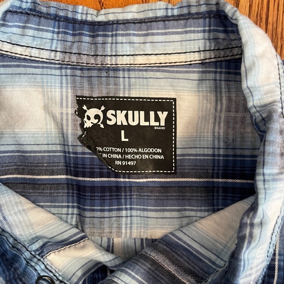 Skully Button Snap Shirt Plaid Pockets Western Blue SZ L - Picture 2 of 7